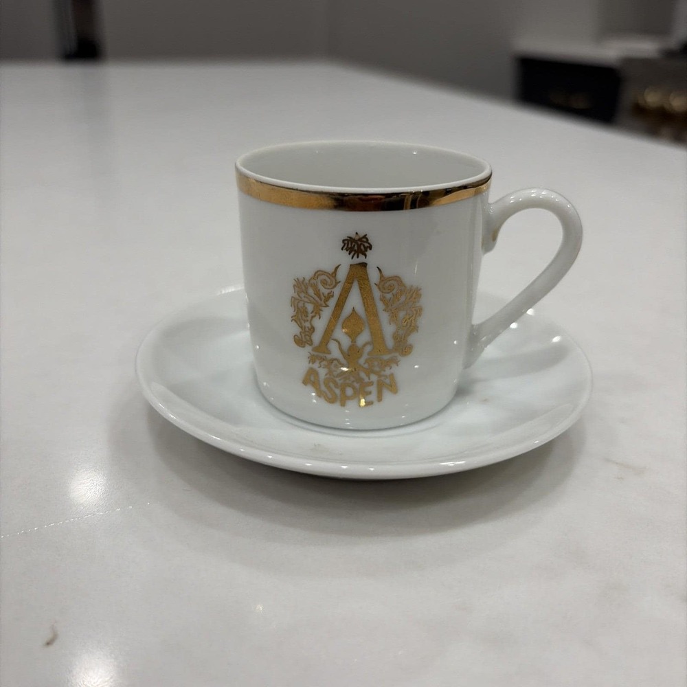 VTG Espresso Demitasse Cup & Saucer Gold Trim "A" Aspen Travel Souvenir